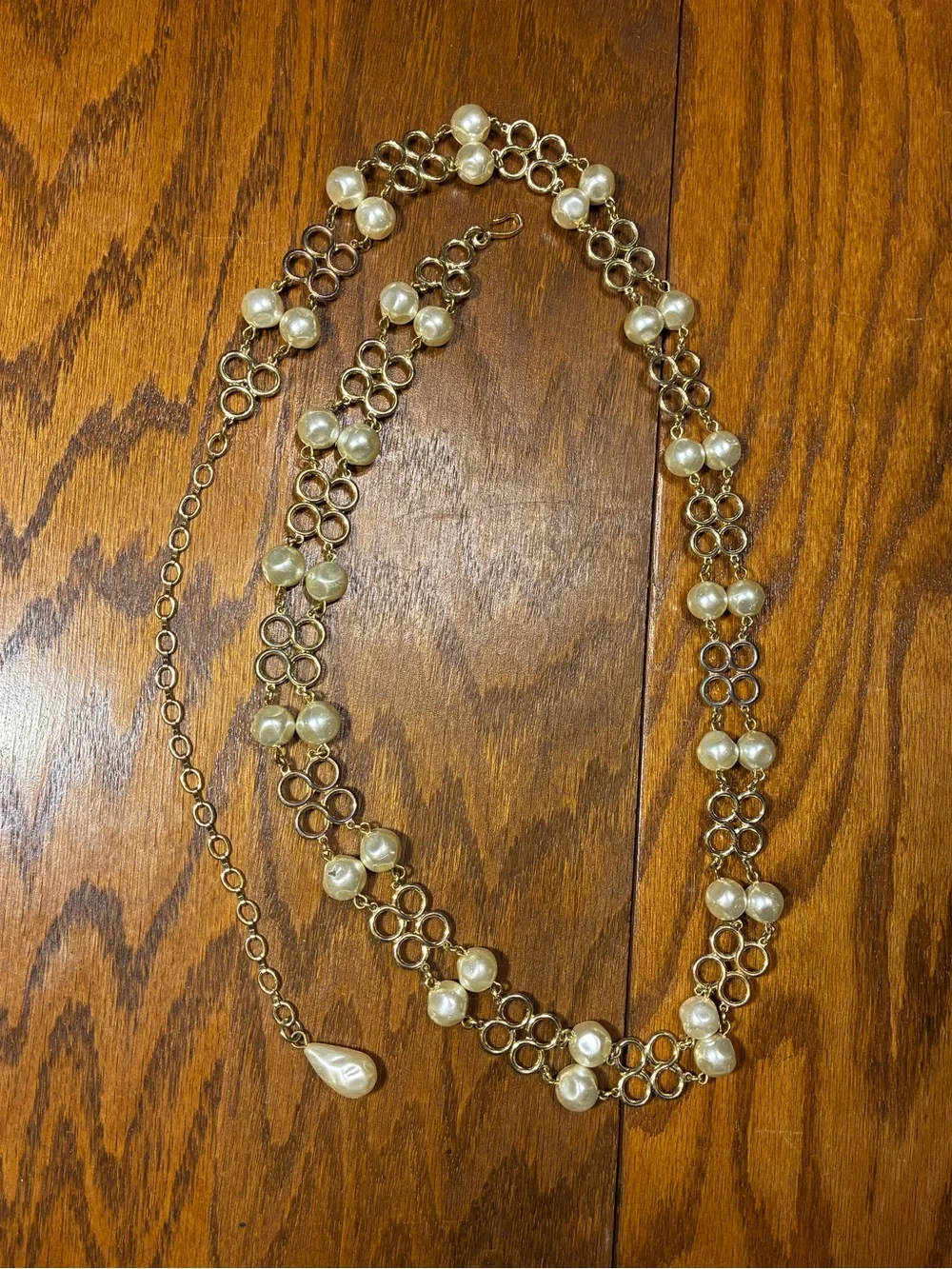 Vintage Gold Tone Faux Pearl Statement Chain Belt Open Link 47”L